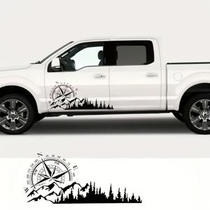 TEMU 픽업 트럭, RV 및 왜건용 비닐 나침반 & 산악 나무 스티커 - 자체 접착, 광택 마감, 만화 디자인, 야외 모험 차량용 일회용 데칼, 트럭 데칼 | 자연 영감 디자인 | 내구성 있는 데칼