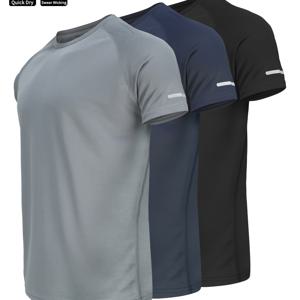 TEMU 남성용 3pcs 퀵드라이 흡습 체육복 티셔츠 - 네이비/그레이/블랙 러닝, 농구, 사이클링, 헬스용 통기성 폴리에스터 트레이닝 상의 (3개입), 라운드넥 니트 소재 운동복