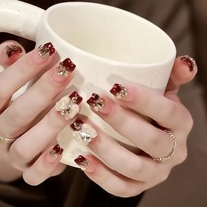 TEMU 골든 글리터와 라인스톤 악센트가 있는 럭셔리 프레스온 네일, 미디엄 발레 모양, 세련된 그라데이션 디자인의 우아한 매니큐어, 화려한 인조 네일 | 그라데이션 네일 디자인 | 광택 마감 네일