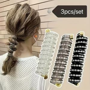 TEMU 3개 스파이럴 헤어 타이 - 탄력 있고 내구성 있는 플라스틱 헤어 밴드, 라인스톤 & 장식 액센트가 있는 다양한 색상 (클리어, 앰버, 블랙, 브라운) - 모든 연령대에 어울리는 스타일리시 헤어 액세서리, 할로윈이나 일상 사용에 완벽, 일상용 헤어 타이 | 스파이럴 헤어밴드 | 탄력 밴드, 귀여운 헤어 액세서리