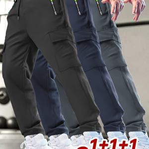 TEMU 3개 남성용 캐주얼 카고 바지 (드로스트링 허리 & 프린트 지퍼 포켓) - 가벼운 논스트레치 원단, 야외 러닝 & 트레이닝용 레귤러 핏