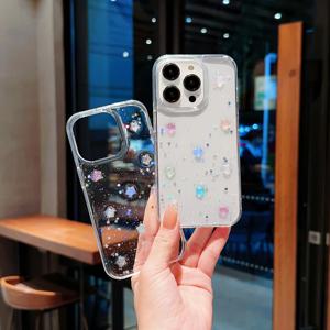 TEMU 1개 다색상 블루 핑크 옐로우 입체형 야광 글리터 풀커버 케이스, 고투명 비노란 변색, 16 프로 / 16 플러스 / 15 프로 맥스 / 14 프로 호환