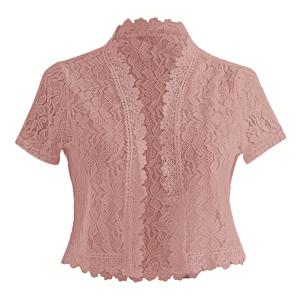 TEMU 여성용 우아한 화이트 레이스 컨트라스트 가디건 - 반팔, 스탠드 칼라, 오픈 프론트 자켓 | 봄/여름 파티 및 캐주얼 웨어, 파티 웨어 가디건 | 레이스 디테일링 | 건축