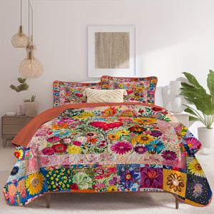 TEMU 생동감 넘치는 패치워크 플로럴 퀼트 세트 (퀼트 1장 + 베개커버 1~2개 포함, 충전재 없음), 부드럽고 통기성 좋은 폴리에스터 소재, 피부 친화적, 관리 쉬움 및 저자극성, 침실 및 기숙사 장식용, 트윈/풀/퀸/킹 사이즈