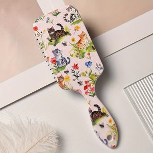 TEMU 귀여운 고양이 에어 쿠션 커미, 큰 나일론 브리스틀 헤어 브러시, 소녀용, 방지, 헤어를 풀어내는, ABS 플라스틱 핸들, 꽃과 고양이 디자인, 긴 머리 스타일링에 편리, 스타일링용 헤어 브러시