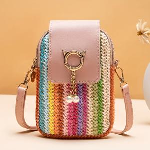 TEMU 여성용 무지개 잔디 땋은 고양이 머리 펜던트 휴대폰 가방