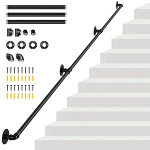 TEMU 10ft 블랙 갈바니제드 파이프 계단 핸드레일 - 산업용 철 벽걸이 계단 지원, 안전 핸들, 스텝 발러스트, 실내 및 실외 사용을 위한
