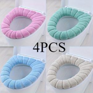 TEMU 소프트터치 플러시 변기 시트 커버 4팩 - 쿠션 처리된 미끄럼 방지 욕실 시트 보호대, 파스텔 색상 (회색, 베이지, 파란색, 분홍색) & 대조적인 검정색 핸들, 세탁기 사용 가능, 대부분의 변기에 적합