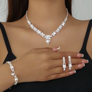 TEMU 럭셔리 우아한 인기 시나티컬 지르콘 플라워 러브 넥레이스, 브래실릿 및 귀걸이 세트 음악 파티 보석