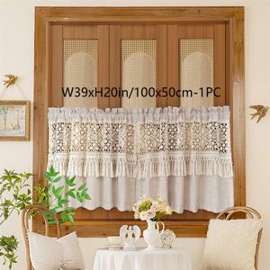 TEMU 1개 일본식 심플 라이트 커피 베이지 태슬 홀로우 기하학 레이스 숏 커튼 탑 폴 포켓 고품질 소프트 행잉 단열 무안감 세탁 가능 거실 침실 베이 창 홈 데코 현관 파티션 드레이프