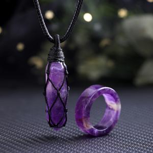 TEMU 2개 자연적인 보라색 핑크 석영 흰색 육각형 기둥 수제 짠 목걸이 반지 세트 남녀공용 목걸이 의류 액세서리 일상 착용 커플 보석 선물 남성 및 여성용 아름다운 데이 어머니의 날 휴일 선물