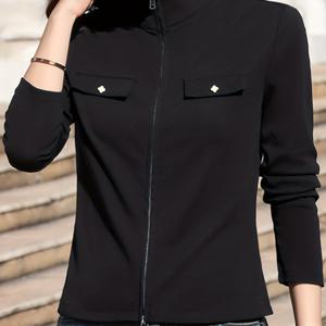 TEMU 여성용 일본식/한국풍 풀지퍼 긴팔 자켓 - 솔리드 보라색, 전면 지퍼로 닫히는 롱블레이저, 세탁기 사용 가능한 캐주얼부터 포멀까지 봄/가을에 어울리는 Elegant Women's Coat, 편안한 핏과 중간 수준의 스트레치감이 있는 고목 칼라와 두 개의 체스트 포켓으로 구성된 이브닝 &