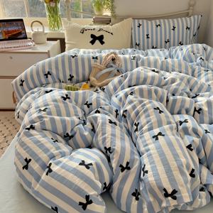 TEMU 3-4피스 세트, 삼/사피스: 이불커버*1 + 플랫시트*1 + 베개커버*2 (충전재 없음). 크리미한 귀여운 리본 디자인, 부드러운 촉감, 세탁기 사용 가능. 사계절 사용 침구 세트; 완벽한 선물