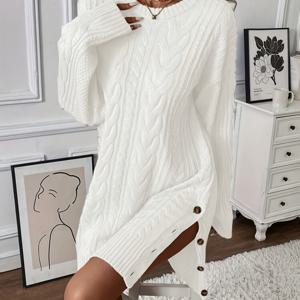 TEMU 화이트 루즈 드레스, 라운드넥 롱슬리브, 사이드 버튼 슬릿 디자인, 편안하고 따뜻한 패셔너블 캐주얼 스타일, 우아한 미디엄 길이