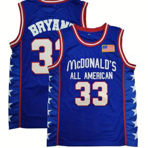 TEMU 남성용 #33 블루 자수 농구 저지 - 맥도날드의 올아메리칸 디자인, 루즈핏, 라운드넥, 스포츠 및 야외 활동용 세탁 가능, 애국적 저지 | 자수 스포츠 저지