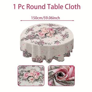 TEMU 1개, 핑크 꽃무늬 원형 테이블보, 직경 150cm, 우아한 플로랄 프린트 폴리에스터 테이블커버, 웨딩 브라이덜 샤워 파티 장식, 베이비 샤워 파티 용품, 생일 파티용 테이블 커버, 식탁 장식