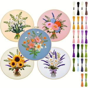 TEMU 5개 세트 아름다운 부케 테마 자수 DIY 예술 세트 - 5개의 인쇄된 자수 천, 1개의 자수 후프, 많은 자수 실, 자수 도구(랜덤 색상) 및 영어 설명서 포함 - 수공예 애호가와 초보자에게 적합 - 홈 벽 장식, 휴일 선물 등에 사용 가능