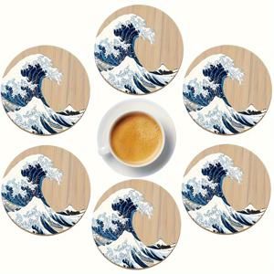 TEMU 6개 나무 코스터, 일본 웨이브 디자인, 홈, 거실, 사무실 장식용, 방수 및 세련된 바구니 컵 패드, 음료용 코스터