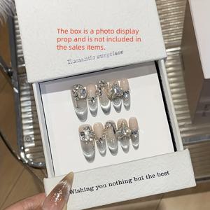 TEMU 10pcs 우아한 장식된 고양이 눈의 프랑스 스타일 긴 네일 패치 - 고급스러운 실버 & 진주 디자인, 광택 있는 마감, 공식 행사 및 특별한 기회에 적합, 정식 네일 아트 | 우아한 네일 디자인 | 광택 있는 마감 네일