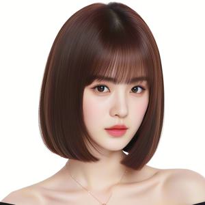 TEMU 여성용 앞머리 포함 밥 가발 - 다크 브라운(거의 검정) - 내열 합성모발 - 일상, 코스프레, 파티용 자연스러운 룩 - 조절 가능한 캡 - 중동 컬렉션 - 모든 연한 베이지 톤에 적합 - 쉬운 관리, 우아한 헤어스타일