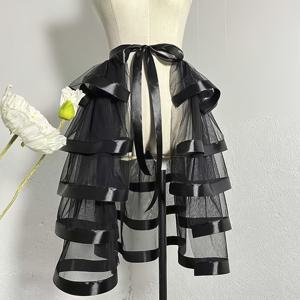 TEMU 1개 여성용 스트랩 밴드 탄성 허리 반치마 - 레이어드 튤과 시스루 메쉬 패널, 통기성 블랙 코스튬 스커트, 무대 공연, 할로윈, 휴일 파티 및 특별 행사용, 축제 디자인, 가벼운 디자인
