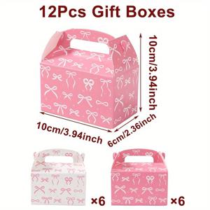 TEMU 12개 페어리메이드 핑크 & 화이트 리본 패턴 종이 선물 상자 - 튼튼한 손잡이, 웨딩, 베이비 샤워, 생일, 크리스마스, 부활절, 새해 파티 장식용 우아한 트릿 박스, 휴일 선물 포장, 내구성 있는 디자인, 이벤트 플래너용