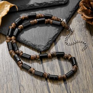 TEMU 남성 나무 껍질 목걸이 - 검은색과 갈색 비즈 서핑 스타일, 해변과 캐주얼 의상에 완벽, 일상 액세서리| 캐주얼 스타일| 나무 목걸이