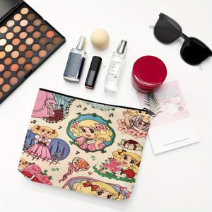 TEMU ZLIENSZUS 캔디 캐릭터 여행용 메이크업 파우치 - 꽃무늬 & 하트 패턴이 있는 귀여운 만화 캐릭터 화장품 정리함, 내구성 좋은 폴리에스터 A4 사이즈 (8.27x11.7인치) 연한 베이지색 주말 여행 및 짧은 휴가용, 귀여운 디자인, 안전한 지퍼 클로저