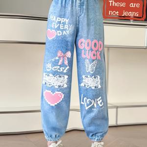 TEMU 하트 & 디자인 3D 디지털 프린트 여아용 조거 팬츠 - 루즈핏 탄성 허리 밴드, 신축성 없는 원단, 캐주얼 외출 & 놀이 친구 데이트용 롱 기장, 야외 활동용