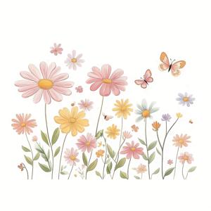 TEMU 2pcs 컬러풀한 꽃 벽 스티커 - 핑크, 석류, 노란색, 파란색 및 녹색 꽃과 나비가 있는 현대적인 비닐 스티커 - 거실, 침실 또는 가정 벽에 대한 제거 가능한, 자체 접착형 장식, 꽃 장식