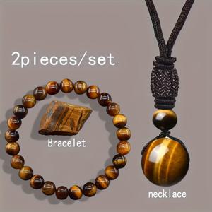TEMU 2개 세트 라운드 타이거 아이 스톤 목걸이, 조절 가능한 브레이드 코드 천연석 펜던트 목걸이 + 팔찌, 발렌타인데이, 크리스마스 또는 할로윈 커플 선물 추천