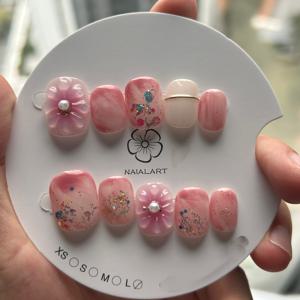 TEMU 핸드메이드 프레스온 네일 - 플로럴 디자인, 핑크 & 파스텔 글러시 숏 오벌 인조 손발용 매니큐어, 홈 미용 액세서리, 우아한 네일 아트, 진주광택, 예술적 장인정신