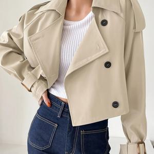 TEMU 여성용 프랑스 영감을 받은 세련된 블랙 트렌치 코트 - 스타일리시한 짧은 아우터웨어, 레이스업 디테일, 루즈핏, 긴 소매, 버튼 프론트가 있는 가을/겨울 패션, 캐주얼한 세련된 의상 | 프랑스 영감을 받은 디자인 | 버튼 프론트