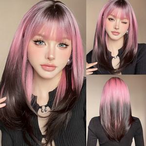 TEMU 여성용 합성 가발 - 핑크 (파스텔에서 진한 톤까지) | 긴 헤어와 앞머리 | 자연스러운 볼륨감 & 풍성함 | 일상, 파티, 콘서트용 | 로즈 네트 캡으로 안전 고정 | 모든 연한 베이지 색상에 적합 | 경제적이고 우아한 스타일링, 페스티벌 액세서리, 세련된 프린지, 편안한 착용감, 패션 애호가에게 추천