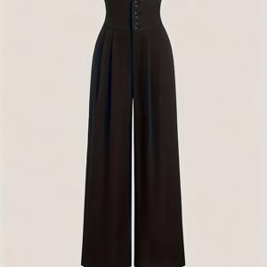 TEMU 여성용 하이웨이스트 와이드 레그 팬츠 - 버튼 클로저가 있는 우아한 트라우저, 공식 및 일상복에 적합한 구조적 핏 - 사계절용 우아한 오피스, 파티, 캐주얼 팬츠 - 여성의 정장 & 캐주얼 의상, 파티웨어, 세련된 디자인, 맞춤형 룩, 스타일리시 바텀, 전문 여성|오피스룩