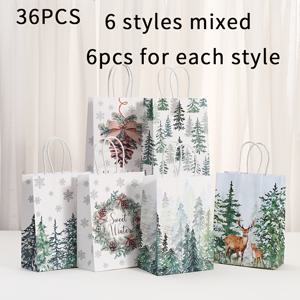 TEMU 36pcs 크리스마스 테마 크리스마스 숲 소나무 꽃 프린트 요소 생일 축하, 휴일 파티, 소매 쇼핑 및 선물 포장에 적합 파티 선물 가방, 보관 가방, 쇼핑 포장에 적합