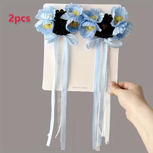 TEMU 소녀용 귀여운 컬러풀 꽃과 긴 태슬이 있는 2개 세트의 새로운 긴 리본 머리띠, 일상 및 축제 파티에 적합한 소녀 헤어 액세서리