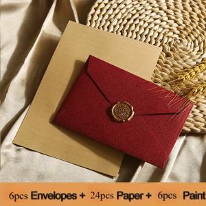 TEMU 36pcs 세트 (6개 봉투 + 6개 왁스 씰 + 24장 레터헤드) 럭셔리 리넨 봉투 및 문구 세트 - DIY 선물, 결혼식 초대장, 사무용 편지, 기프트 카드 봉투용 셀프 씰|실링왁스