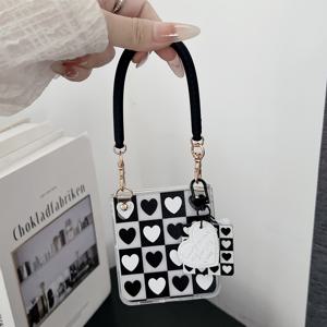 TEMU 마감 반투명 투톤 블랙 & 화이트 하트 패치워크 풀커버 접이식 플립 폰 케이스 (손목 스트랩 및 엠보싱 하트 펜던트 포함) - 삼성 폴드 3/4/5/6/7 호환, 3개 세트