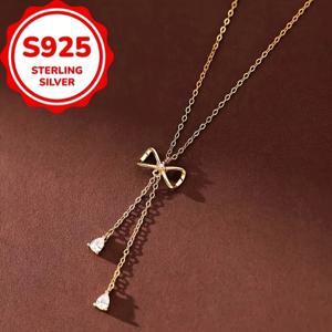 TEMU 925 실버 보우와 합성 지르코니아 태슬 목걸이 - 여성용 디자인 스웨터 체인, 다재다능한 데일리 액세서리