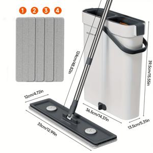 TEMU 4패드 Joybos 업그레이드 슬림 디자인 2-in-1 자동 물갈이 걸레 바구니 세트 | 공간 효율적, 휴대용 청소 도구 (단단한 나무/타일 바닥용), 스테인리스 스틸 & 플라스틱, 핸즈프리 작동