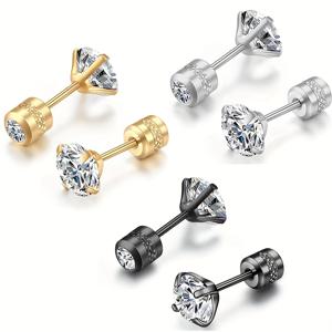 TEMU 3쌍 세트 저자극성 외과 304 스테인리스 스크류백 귀걸이 - 양면 큐빅 합성 큐빅 지르코니아 (CZ) 스터드, 잠금식 스크류백 클로저, 남녀공용 피어싱, 데일리웨어, 파티, 음악 페스티벌, 사계절용