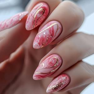 TEMU 24개 우아한 대리석 & 골드 프레스온 네일 - 알몬드 모양, 광택 마감, 반짝이는 액센트가 있는 레드 & 핑크 대리석 패턴, 결혼식, 파티, 특별한 날에 완벽, 웨딩 네일, 파티 네일, 세련된 네일 디자인, 내구성 있는 네일 팁