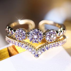 TEMU ANGOL 여성용 더블 레이어 V-쉐이프 오픈 링 - 퍼플 합성 지르코니아가 있는 골드 도금 우아한 주얼리, 스택 가능 일상 및 정장 웨딩 파티용 링, 저렴한 럭셔리 주얼리 선물, 다용도 액세서리, 세련된 디자인, 고품질 마감, 패션 애호가를 위한 스타일리시 액세서리, 내구성 있는 소재, 패션을 사랑하는 여성들을 위한