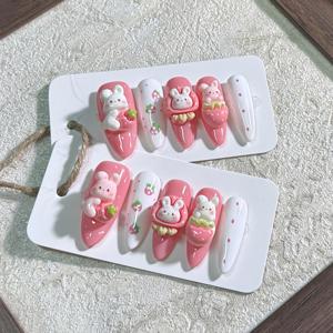 TEMU 10개 핸드메이드 롱 티어드롭 네일 팁 - 귀여운 토끼와 딸기 디자인, 핑크 & 화이트 컬러, 데일리 웨어 및 페스티벌용 완벽한 선택|네일팁