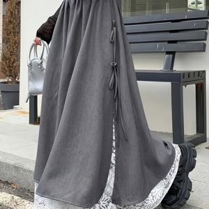 TEMU 여성용 우아한 A라인 맥시 드레스 - 레이스 패널 & 리본 백, 조절 가능한 허리 (벨트 없음), 웨딩, 프롬, 파티용 그레이 가운 - 세탁기 사용 가능 A라인 실루엣 드레스|여성원피스