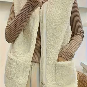 TEMU 여성용 우아한 한국식 겨울코트 - 플러시 인조퍼 칼라 & 풀지프 전면 클로저, 부드럽고 따뜻한 H-라인 실루엣, 긴길이 지퍼와 편리한 포켓, 베이지 캐주얼에서 정장까지 가능한 가을/겨울 이너웨어