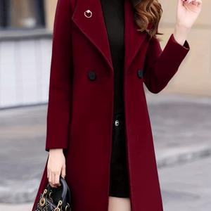 TEMU 여성용 우아한 버건디 트위드 코트 - 긴 정장 & 캐주얼 아우터웨어, 오피스 파티용 구조적 H-실루엣 겨울 재킷, 중간 신축성 원단, 전문 여성용 트렌치 코트 후드