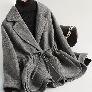 TEMU 여성용 우아한 헤링본 패턴 드로스트링 재킷 - 고품질 오피스 & 캐주얼 아우터, 솔리드 컬러 라펠 칼라, 봄/가을 활용도 높은 코트 (오피스룩 또는 캐주얼 복장), 봄 아우터, 세련된 스타일, 구조적인 디자인