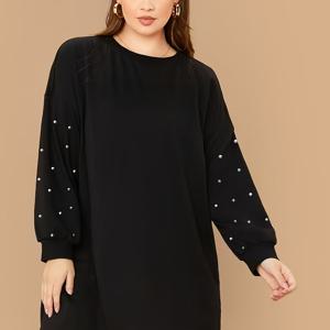 TEMU 여성용 우아한 롱 포멀 & 데일리 탑 - 진주 장식 긴 블라우스, 파티·오피스·캐주얼 착용에 적합한 핏감 좋은 디자인 - 봄/가을 필수 아이템 (블랙) - 여성 의류, 레이디스 블라우스, 세련된 스타일, 진주 장식, 클래식 디자인, 내구성 있는 소재, 스타일리시 셔츠, 직장복